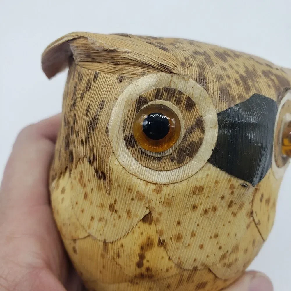 Japanese Wooden Tree Bark Crafted Owl‎ Bank Fukuro Statue Lucky Figure
